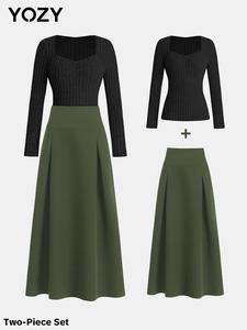 YOZY Women's Sweetheart Neck Tee & Bow Skirt Set, Women's Clothing for Daily Wear