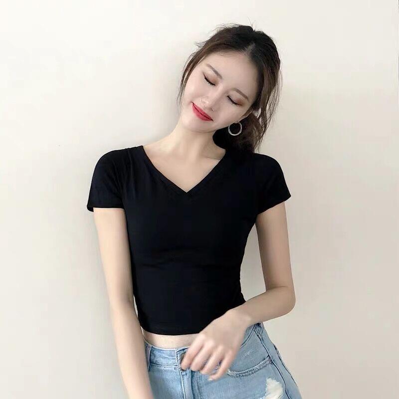 Product Introduction of Front and Rear Large Double V-neck Mouth Chicken Collar Student High Waist Midriff-Baring Backless Bottoming Shirt Short Sleeve T-shirt Women's Doublet 5