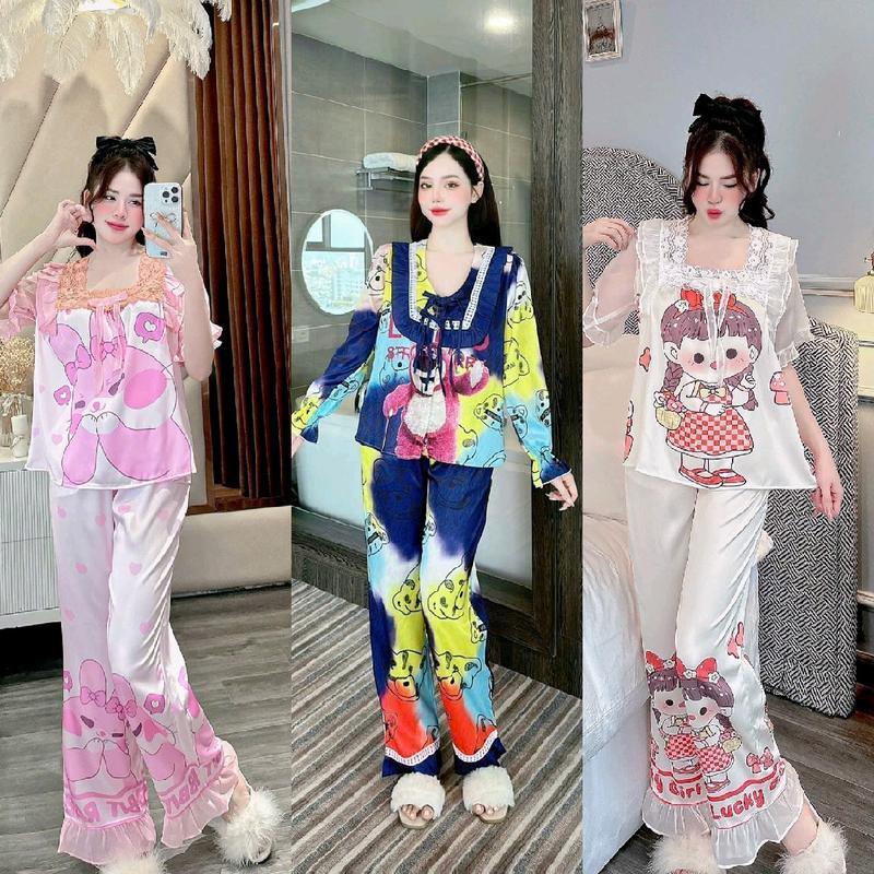 Đồ Bộ Ngủ Tb Pijama Mặc Nhà Bigsize, Chất Lụa Xước, Áo Có Đính Nơ Phối Bèo, Tay Dài Quần Dài, Dành Cho Nữ. (SEO) Nhung Women Nho Quần Ngủ yếm Voi dobo tay setdomac  nhaxinh đồ  ngủ đồ  ngủ tiểu thư