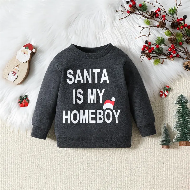 Baby Boys Christmas Sweatshirts Long Sleeve Crewneck Hat Letter Print Pullover Toddler Winter Tops