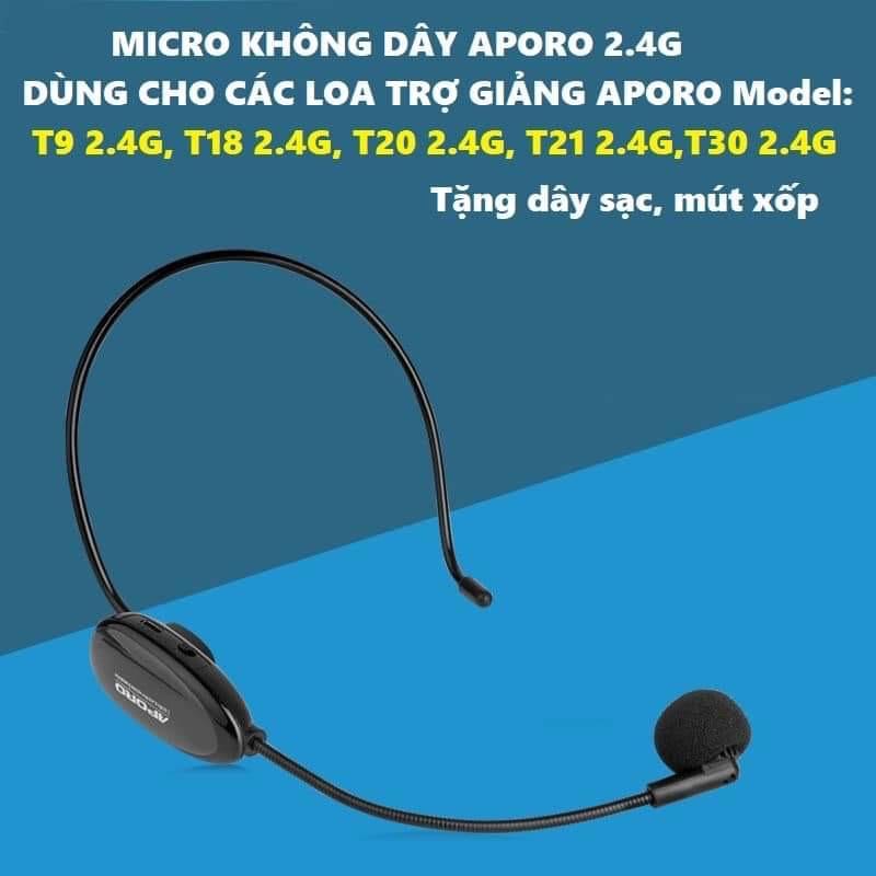 Micro không dây Aporo 2.4G dùng kết hợp với máy trợ giảng Aporo T18 2.4G, Aporo T21 2.4G, Aporo T20 2.4G, Aporo T9 2.4G, Aporo T30 2.4G chính hãng.
