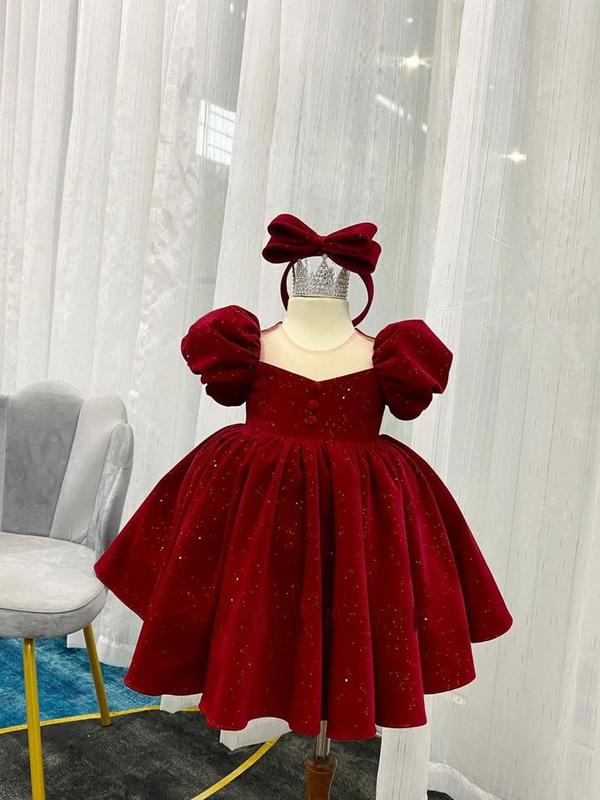 Váy Nhung Đỏ Cộc Tay Cổ Lưới 3 Cúc Bọc Xinh Yêu Cho Bé Gái