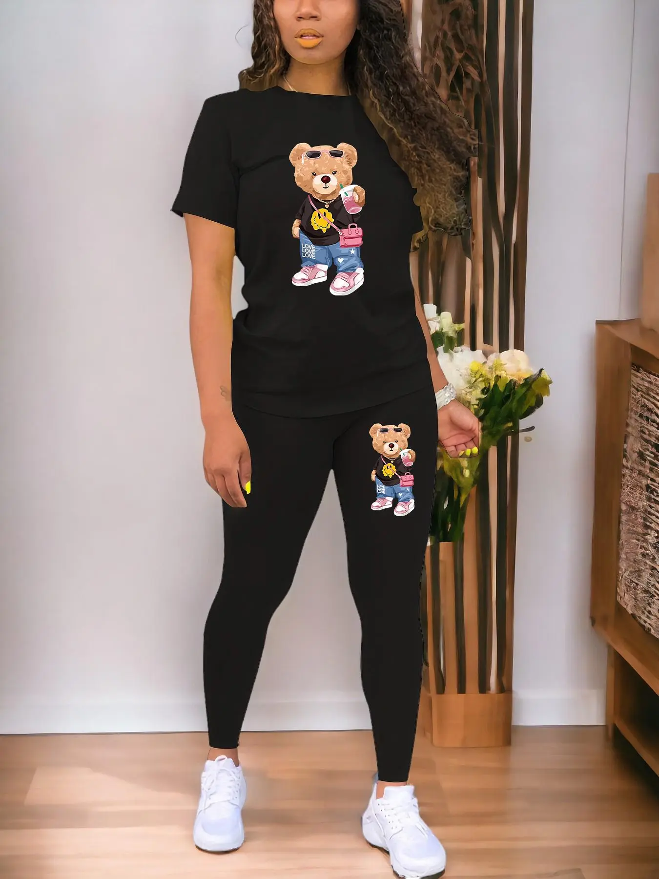 Women's Cartoon Bear Print Two-piece Set, Cute Short Sleeve Tee & Elastic Waist Skinny Pants Set, Ladies Clothes for Daily Wear