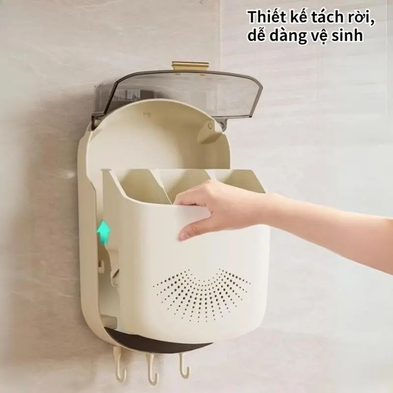 Hộp đựnġ Đũa Muỗng Treo Tường Có Khay Đỡ Nước - Ống đựnġ đũa gắn tường có nắp đậy - Bảo vệ thìa đũa muỗng khỏi bụi bẩn, côn trùnġ - kícḣ thước: 31x20x8 cm - Kitchen 4