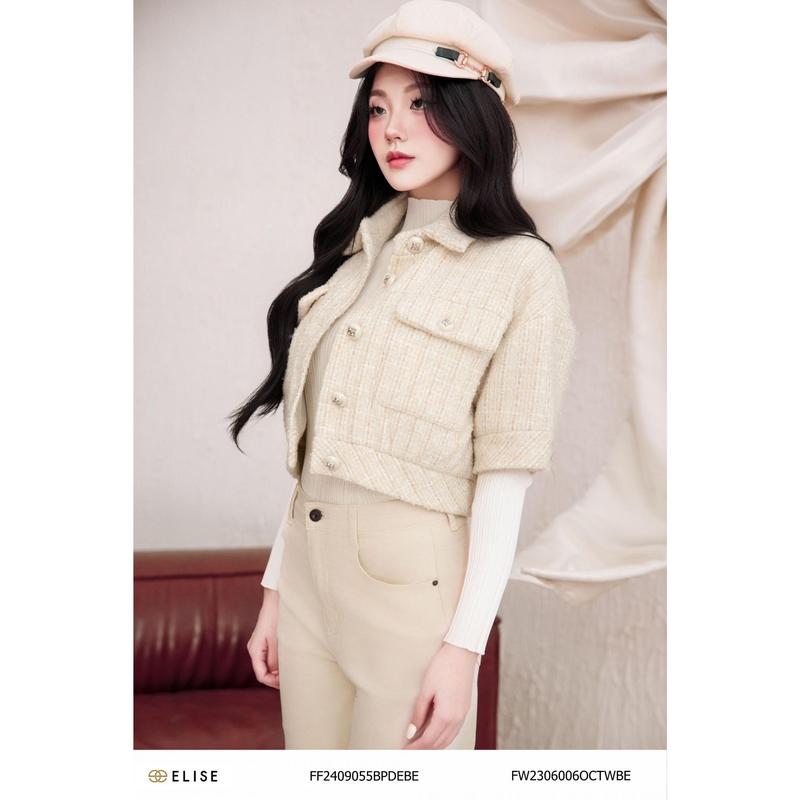 Áo khoác dạ tweed sọc trắng be túi ốp Thiết kế Elise mã FW2306006OCTWBE