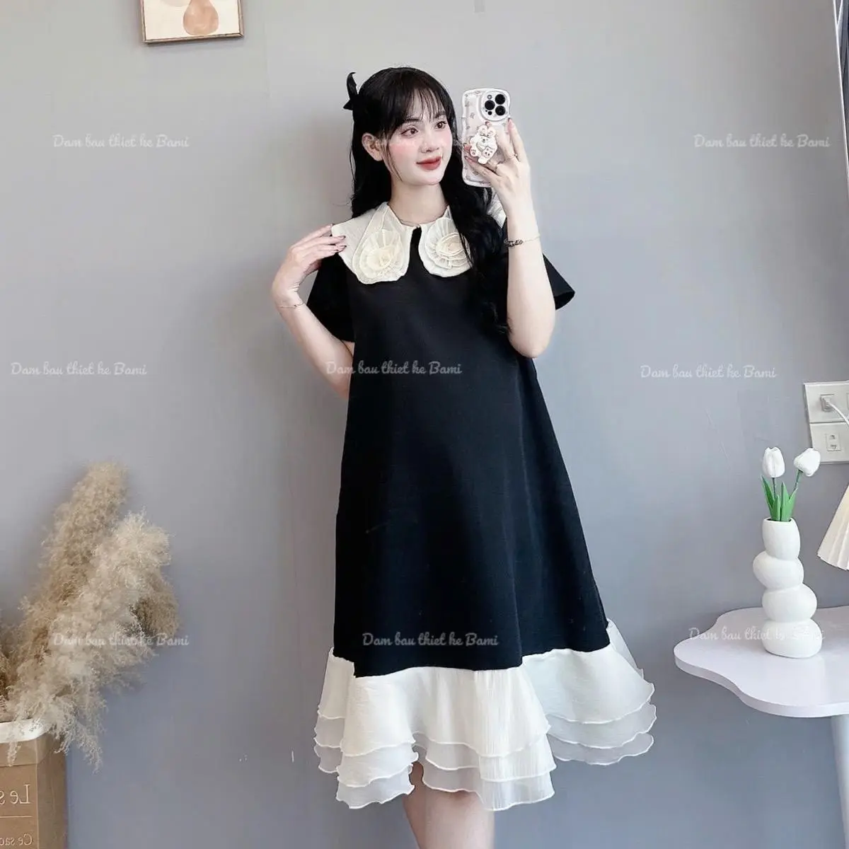 Váy bầu đầm bầu thiết kế cổ hoa xoắn dáng suông chân tơ bồng bềnh mặc đi làm, đi chơi thanh lịch, trẻ trung Nữ Nhung