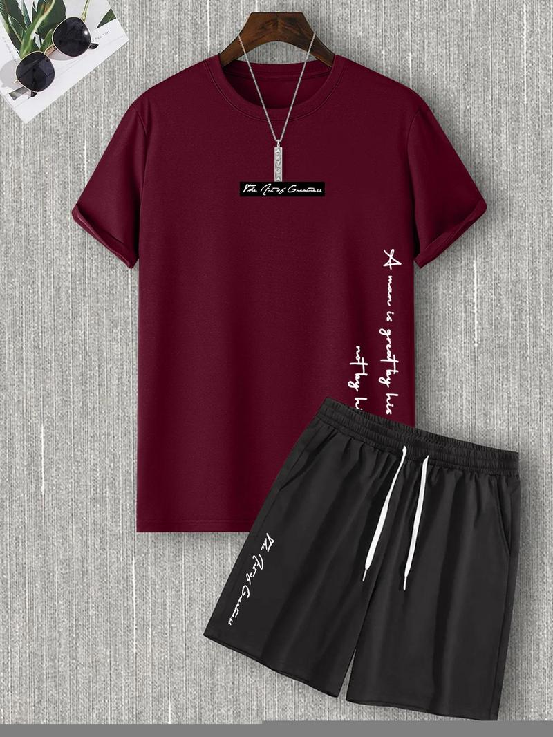 Product Introduction of Two-Piece Set Men's Letter Print Tee & Drawstring Pocket Shorts Set, Regular Fit Casual Short Sleeve T-Shirt & Shorts, Men Summer Outfits 2024 6