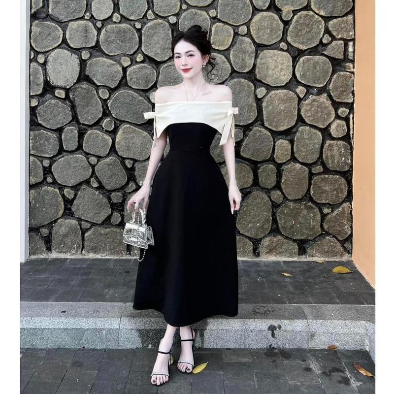 Đầm Thiết Kế Bigsize Nista Trễ Vai Phối Nơ Vai Dáng A Dài Bigsize từ 60-90kg Dress Nữ Women Váy thường mặc Váy dự tiệc