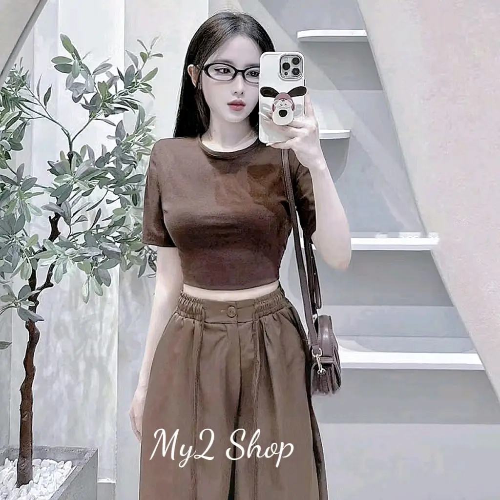 Set thể thao năng động cho nữ croptop nâu quần suông phối dây cá tính đồ quanaodep Sport hot