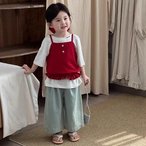 Áo Thun Mặt Nạ Thoải Mái Phong Cách Hàn Quốc Cho Bé Gái, ngắn Tay, Áo Hai Dây Xếp Nhún Cho Trẻ Em, Hàng Mới Về Mùa Hè 2025 set  jean  begai