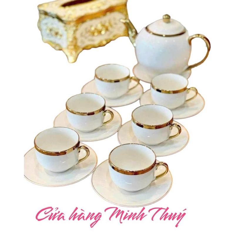 Bộ tách trà sứ trắng cao cấp có viền vàng sang trọng bộ ấm trà sứ tráng men có viền vàng sang trọng chén trà tử sa