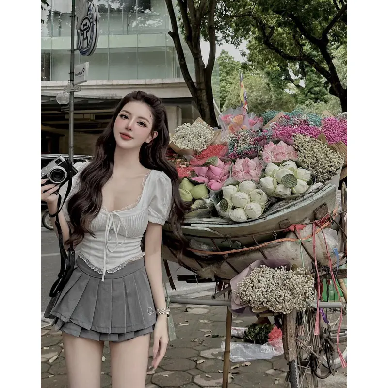 [HÀNG ĐẸP] Elys Set - Set áo tiểu thư viền bèo kèm mút và chân váy xếp ly xòe tầng, phù hợp cà phê, hẹn hò (Hàng chuẩn) Top Nữ Kem Women  # a2 pink skirt five-piece sh