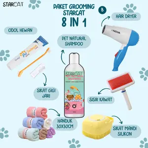 SC 8in1 Starcat Paket Grooming Kucing Pet Natural Shampoo Strawberry Alat Mandi Perawatan Bulu Gigi