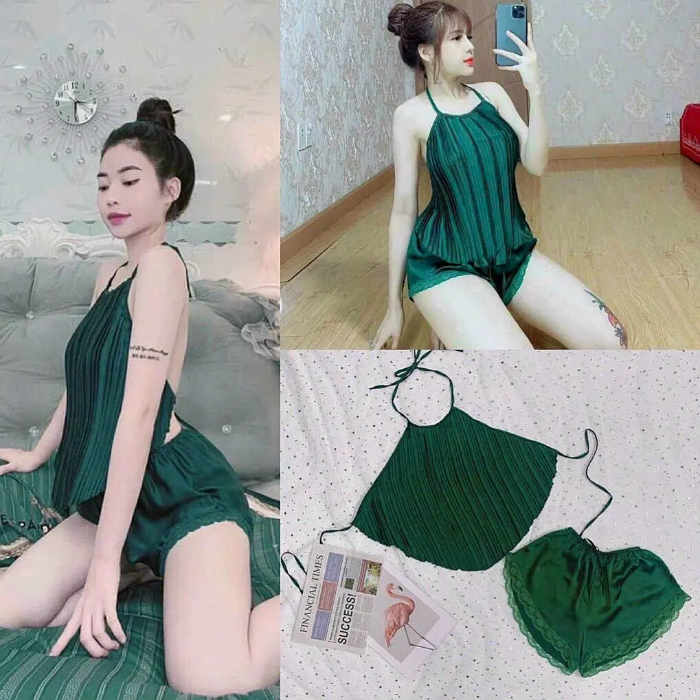 Bộ Ngủ Sexy Nữ - Set Áo Yếm Dập Li Quần Đùi Phối Ren Chất Phi Lụa Mịn Mát Dưới 58kg (Tuỳ Chiều Cao) Women Nhung Tua Rua