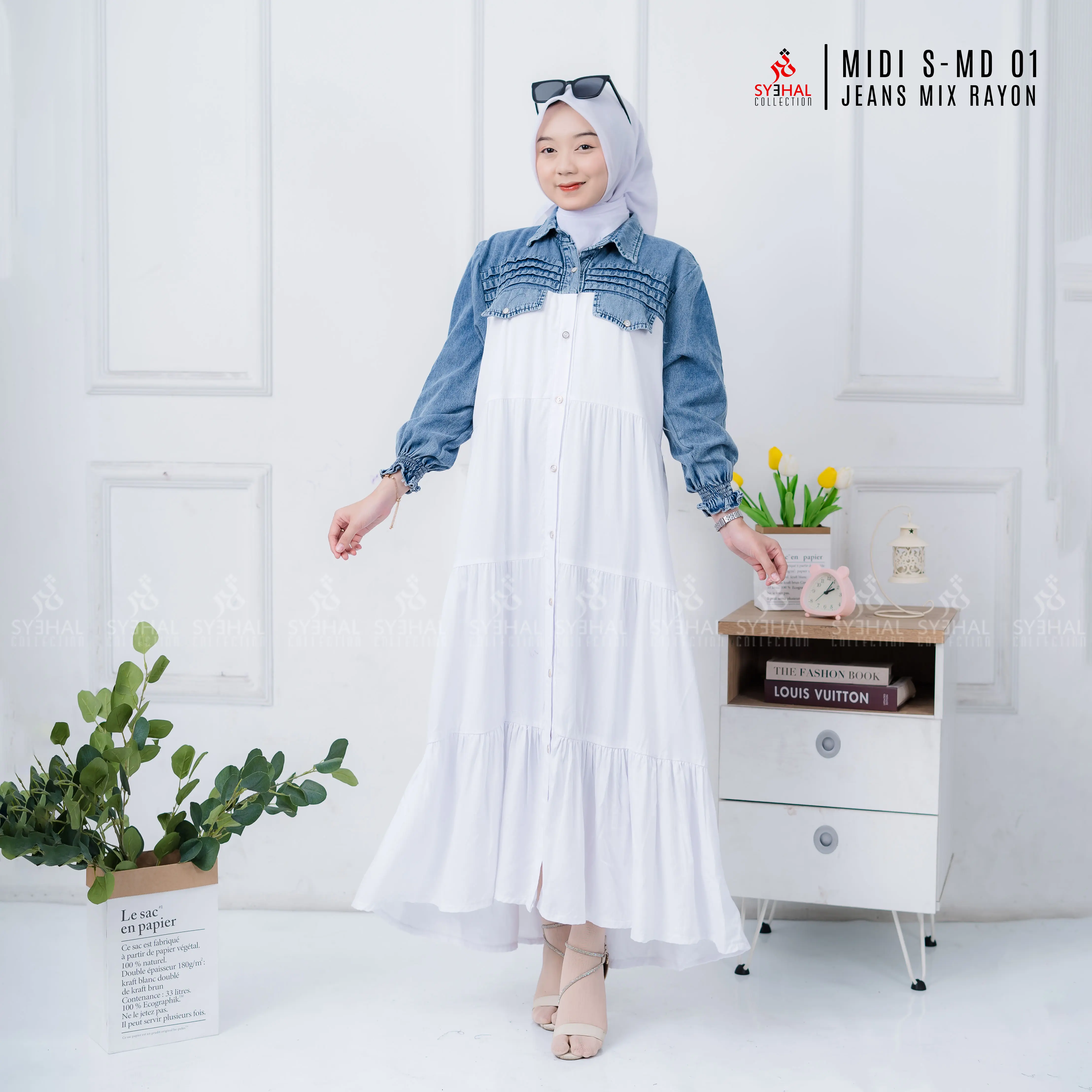 SYEHAL COLLECTION- MIDI DRESS MIX JEANS-RAYON-COMBAT // PAKAIN WANITA// GAMIS MIDI MUSLIM WANITA Dewasa Casual Remaja Maxi