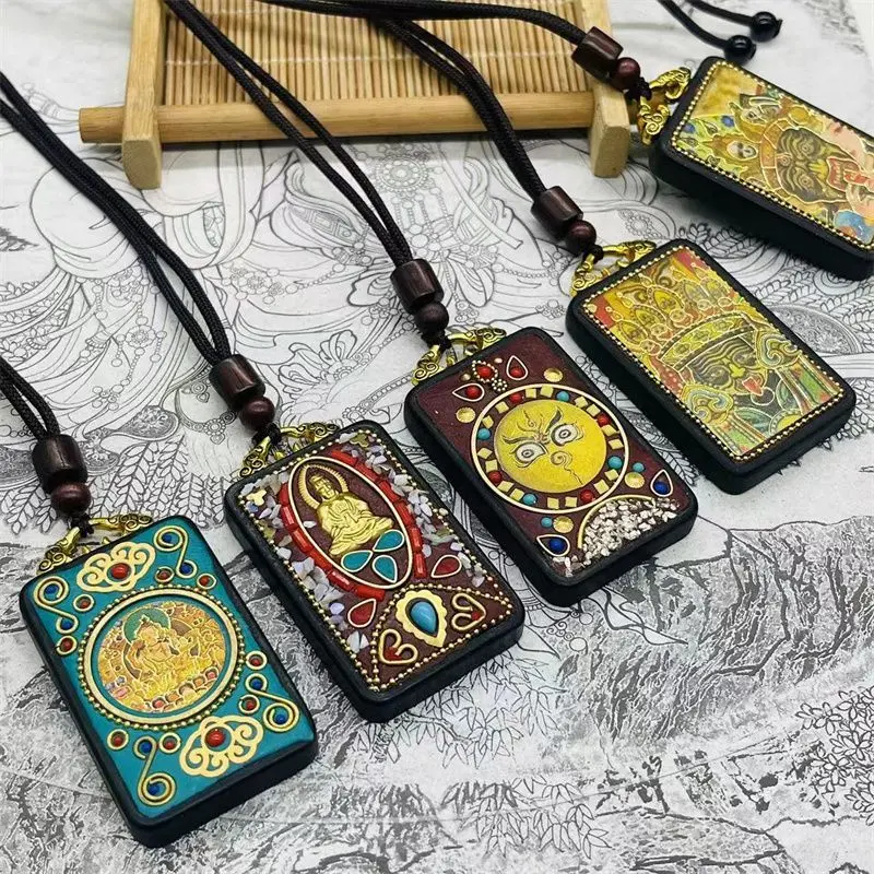 [95% Positive Feedback Rate] Tibet Characteristic Handmade Amulet Pendant Zachilam Guardian Thangka Pendant Ebony Ethnic Necklace for Men and Women