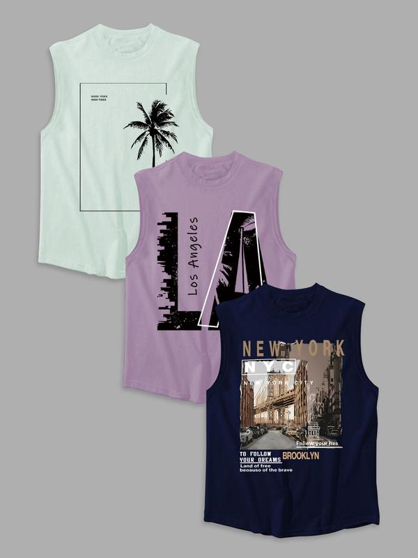 Men's Letter & City & Coconut Tree Print Tank Top, Regular Fit Casual Sleeveless Round Neck Top for Summer, Men's Top for Daily Wear, Clothing 3