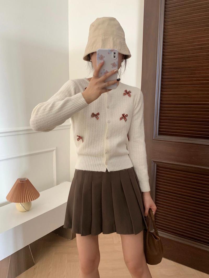 Product Introduction of Áo Cardigan Dệt Kim, Phong Cách Preppy, Thắt Nơ Ngọt Ngào Áo ngắn Nhỏ Áo Khoác Len Cổ Thuyền Mùa Thu Của Phụ Nữ, Váy Băng Quấn 3