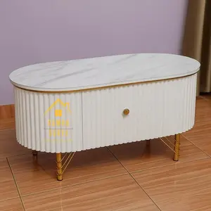 Meja oval laci top tabel hpl motif marmer body pvc kaki besi Meja Tamu Minimalis Meja Ruang Tamu Minimalis Aesthetic Meja Estetik Kayu Furniture - RS01
