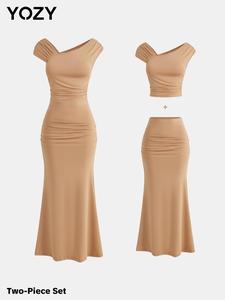 YOZY Women's Solid Color Asymmetrical Neck Top & Skirt Two-piece Set, Casual Fashion Cozy Two Piece for Daily Outdoor Wear, Women Clothes for Spring Fall, Suits