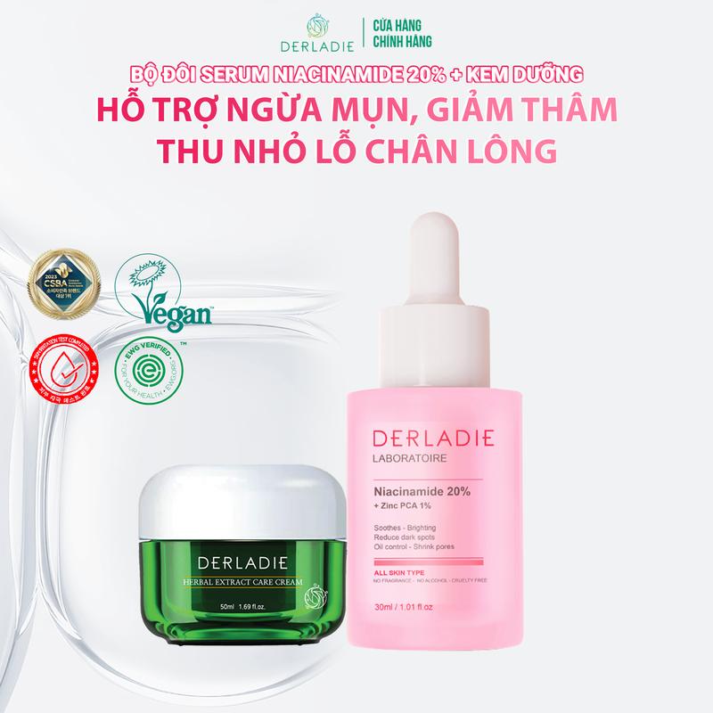 (Live) Bộ Đôi Hỗ Trợ Giảm Mụn Serum Derladie Niacinamide 20% 30ml và Kem Dưỡng Tràm Trà Derladie 50ml Skincare Làm Đẹp Da