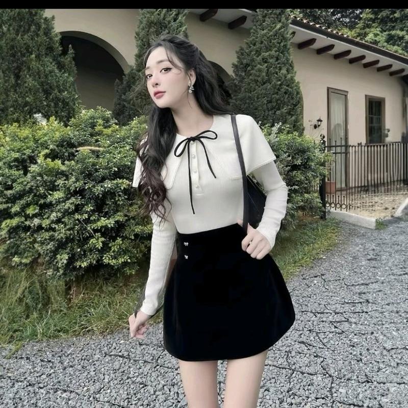  Set Bigsize 108 size 50-90kg áo thun trắng chân váy tuyết thái đính 2 nơ xinh Nữ Women Top 