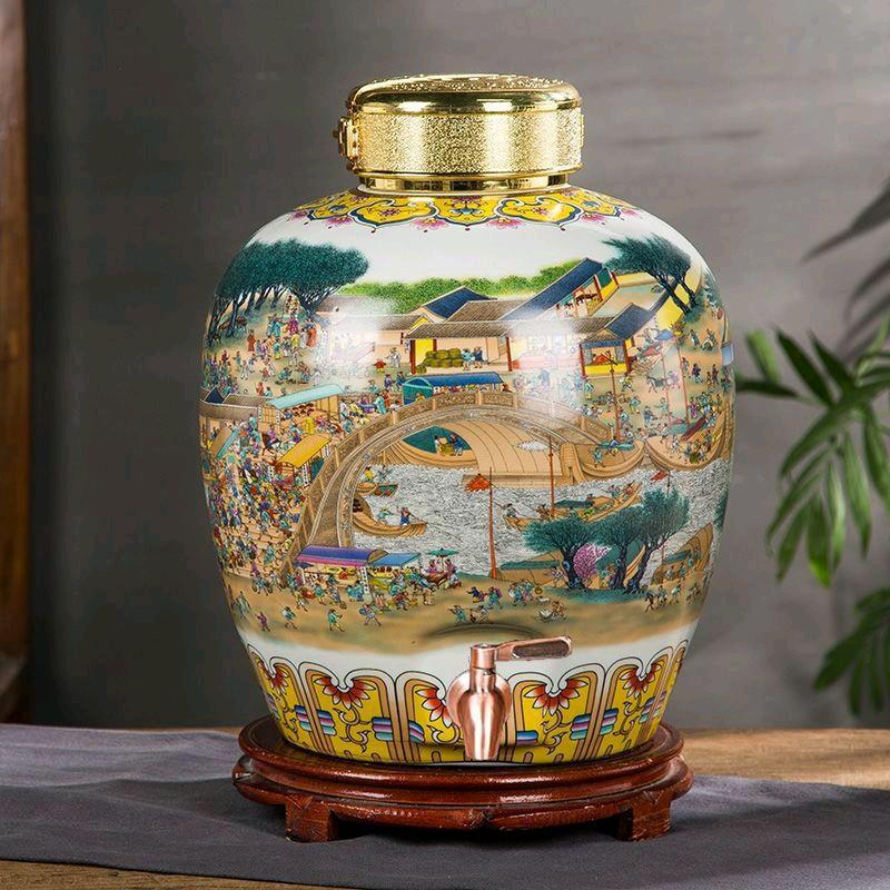 Bình ngâm rượu gốm sứ Thanh Minh Thượng Hà Đồ