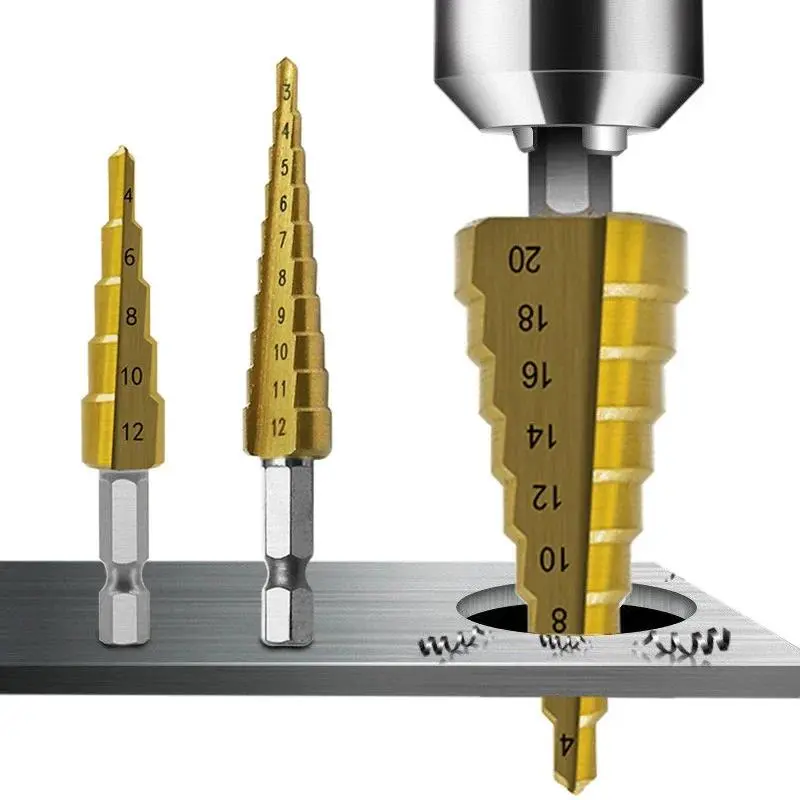 HSS Hex Shank Step Drill Bit for Wood Titanium Coated Metal Hole Cutter Straight Groove Core Drill Bits Set 4-12mm 4-20mm 4-32mm