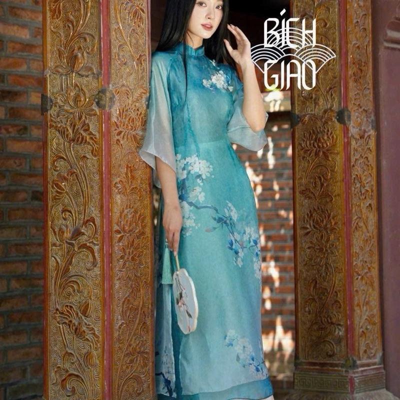 Áo dài Tơ In Bích Giao xanh dịu dàng,tươi mát chị em chụp ảnh đi lễ chùa đảm bảo hợp rơ. Nữ 0