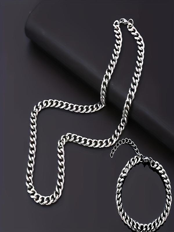 Men's Simple Cuban Chain Bracelet & Necklace (2counts), Fashion Hip Hop Stainless Steel Jewelry for Party, Daily Clothing Decor, Trendy All-match & Exquisite Jewelry for Birthday Gift 2