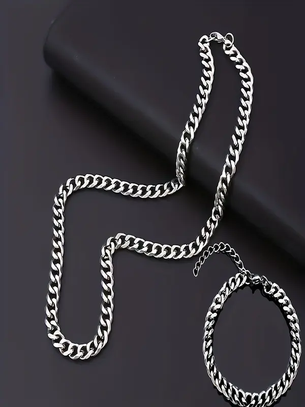 Men's Simple Cuban Chain Bracelet & Necklace (2counts), Fashion Hip Hop Stainless Steel Jewelry for Party, Daily Clothing Decor, Trendy All-match & Exquisite Jewelry for Birthday Gift 2
