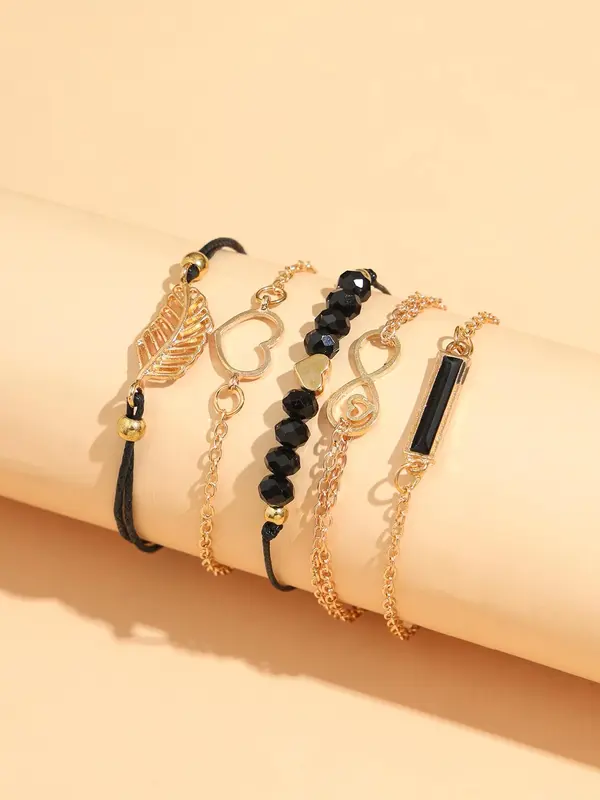 5pcs/Set Simple Beaded Heart Leaf Design Bracelet, Geometric Rectangle Hollow Bow Alloy Link Bracelet, Jewelry Gifts for Women Girls 0
