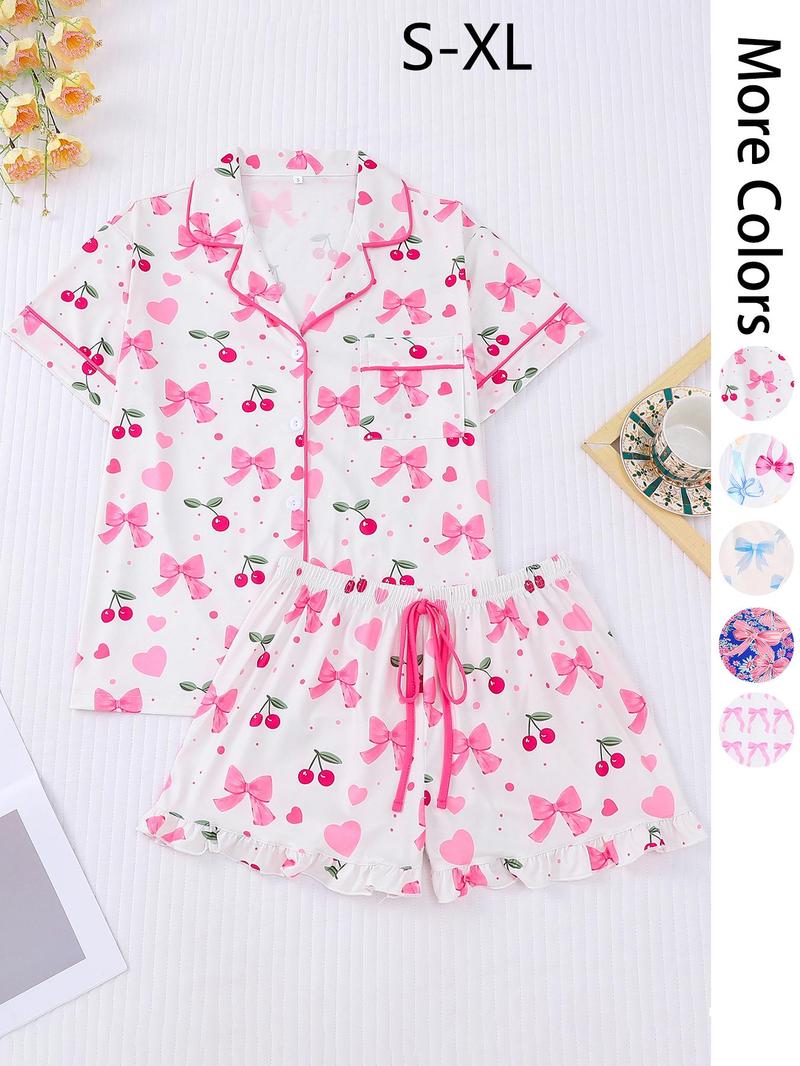 Product Introduction of Women's All Over Print Pajama Set, Casual Comfy Short Sleeve Lapel Neckline Pocket Shirt & Shorts PJ Set, Ladies Summer Sleepwear 2