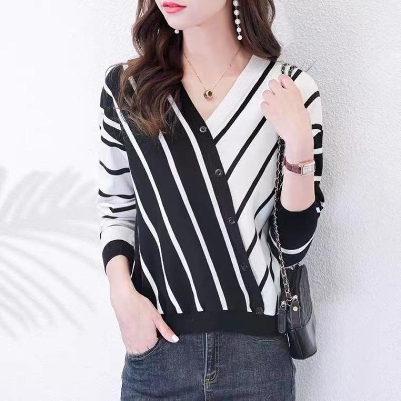 Product Introduction of Áo Len Dệt Kim, Cho Nữ, Cổ Chữ V, Thanh Lịch, Sọc Chéo, Dài Tay 1