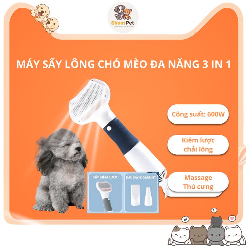 Máy Sấy Lông Chó Mèo Đa Năng 3 In 1 Công Suất 600W Sấy Lông Thú Cưng Kiêm Lược Chải Lông Chó Mèo, Massage Thú Cưng