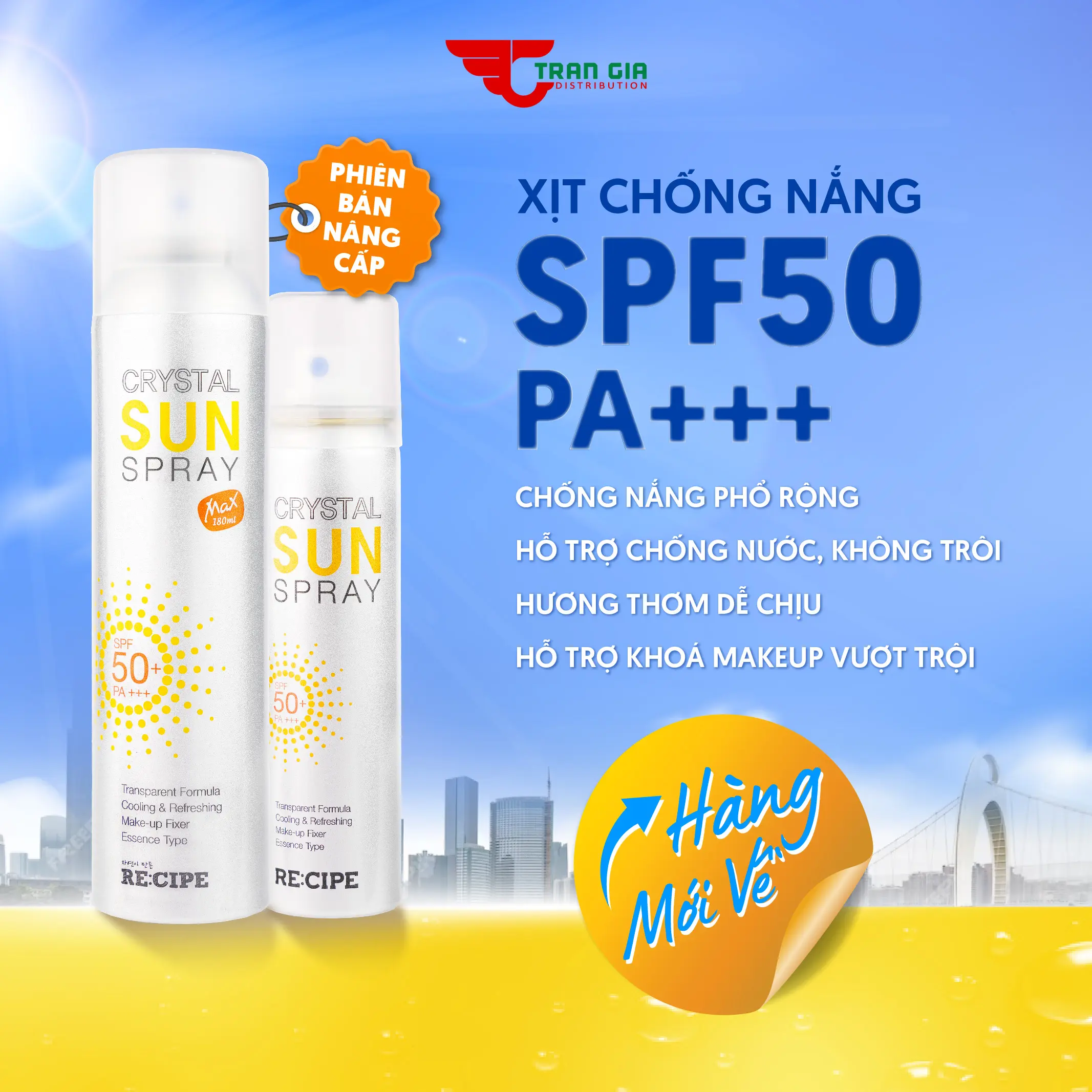 [TRẦN GIA] Xịt Chống Nắng RECIPE SPF50+ PA++++ Chống Nắng, Không Trôi Recipe Phyto Water Defense Sun Spray Sunscreen Sun Cream 50ml/180ml