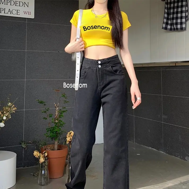BOSENOM- Celana Kulot Jeans Wanita Highwaist Premium Variasi 2 kancing loose celana jins Panjang kasual pinggang crossback Kaki Nyaman Santai Stretch Belah Samping Belah Samping Hitam 6
