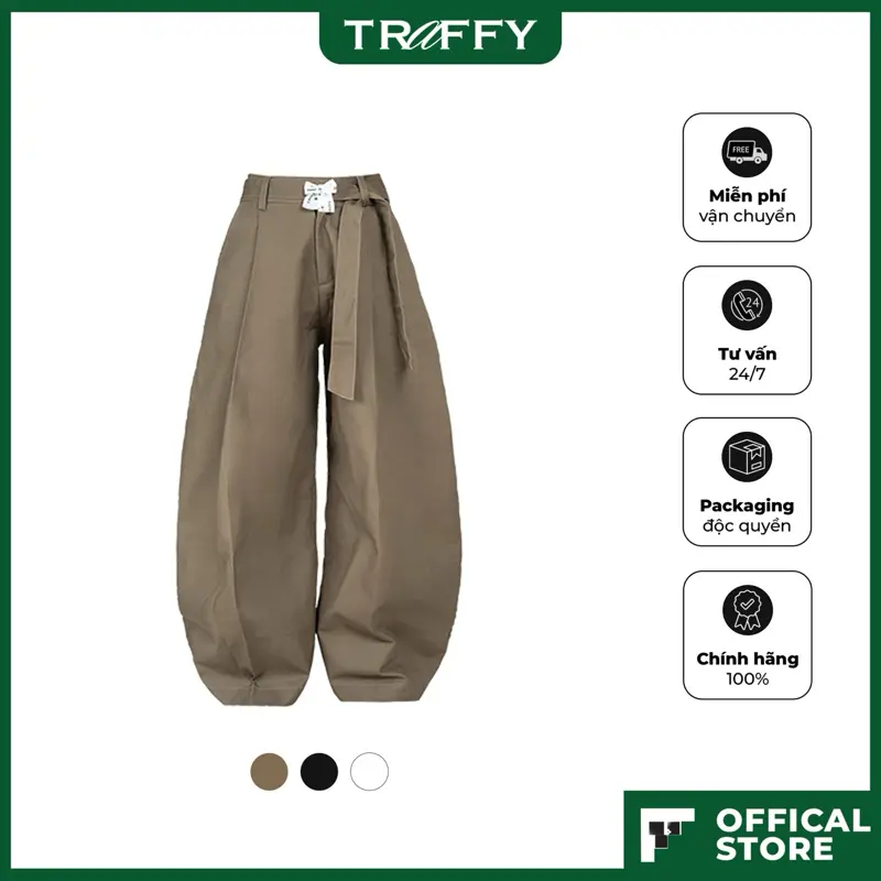 Quần Tây Kaki TRAFFY LocalBrand Dài Trơn Basic Dây Nơ Form Rộng Cạp Trễ Ống Suông Hack Chân Công Sở Hẹn Hò Unisex Nam/Nữ