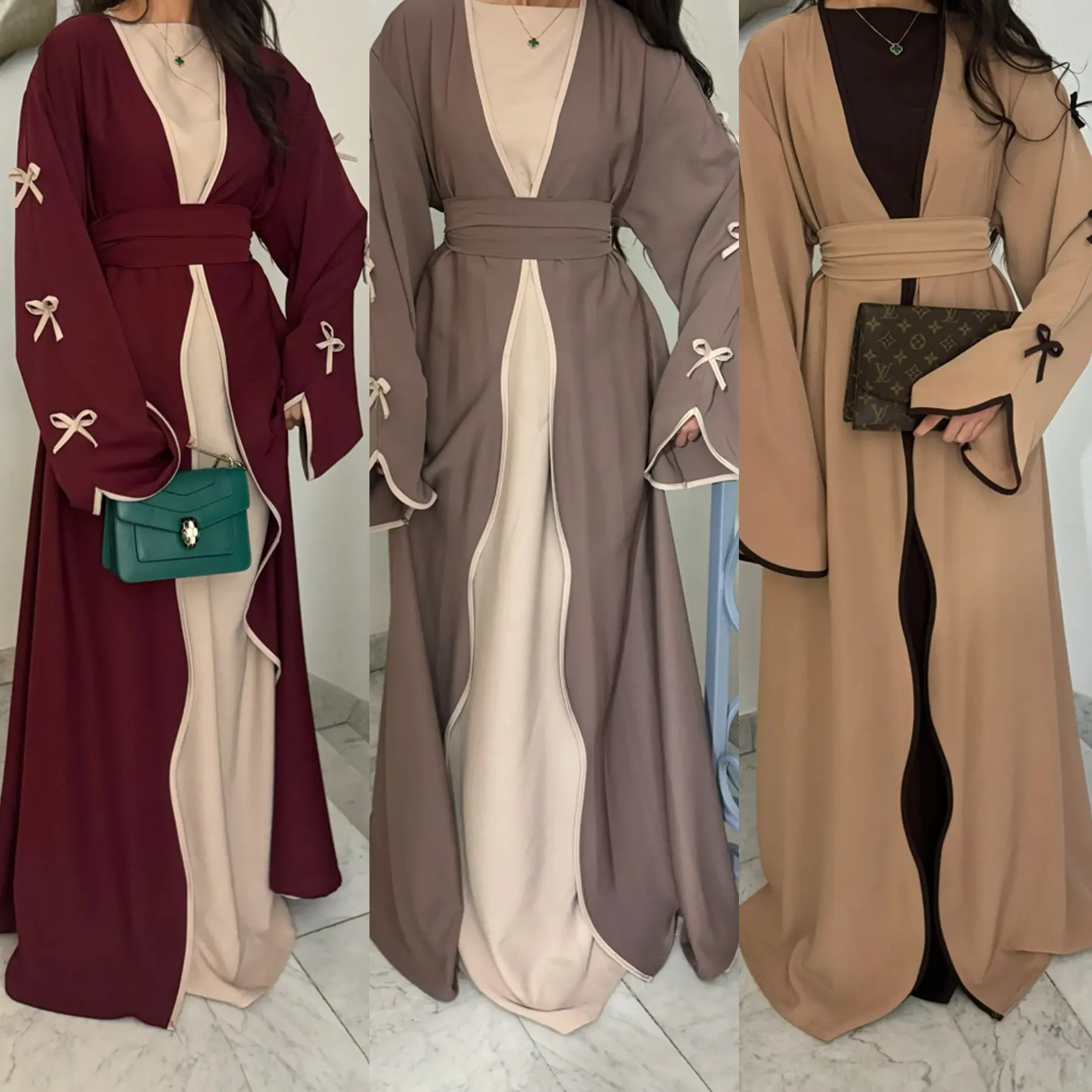 Turkey Dubai Arabic Muslim Women Dress Bow Abaya Caftan Lace-up Floral Robe