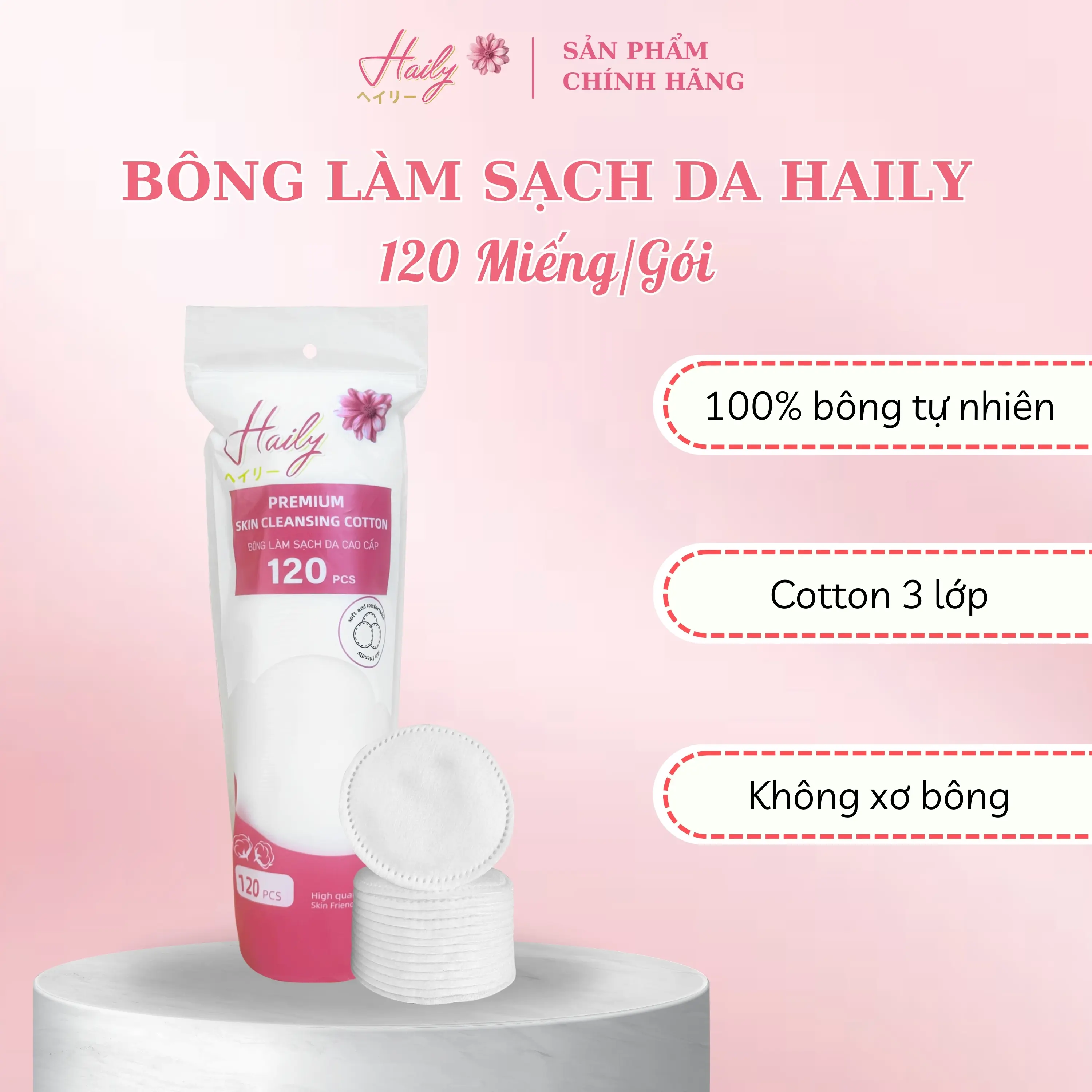 [Tặng Miếng Dán Tóc] Bông tẩy trang Haily (120 miếng/gói) không chứa huỳnh quang an toàn cho mọi loại da