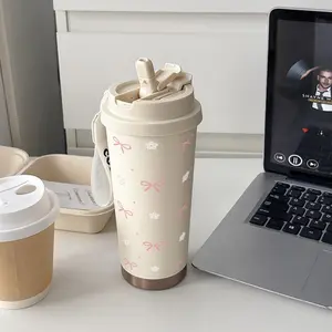 Cartoon Butterfly Bow With Small White FlowersTumbler Kopi Stainless Steel CUP 500 ML Vacuum Mug Termos Coffee Cup