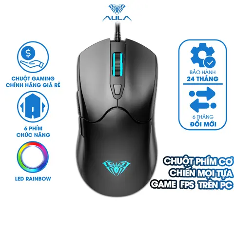 Chuột Gaming Có Dây AULA S13 Đen LED Rainbow 6 Nút Chức Năng Chơi Game Tùy Chỉnh DPI Giá Rẻ Chính Hãng