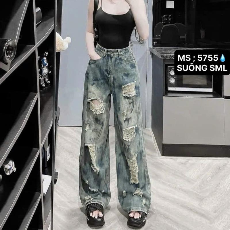 QUẦN JEAN DÀI ỐNG SUÔNG,VẨY SƠN VỆT ĐEN,JEAN KHÔNG DÃN