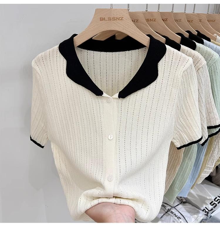 Product Introduction of Áo Cardigan Dệt Kim, ngắn Tay, Chất Liệu Lụa Ngầu Dành Cho Nữ, Mỏng Và Mùa Hè, Màu Sắc Tương Phản, Thiết Kế Độc Đáo Với Thiết Kế Áo Polo Rỗng Áo Cánh Nữ Hàng Đầu 7