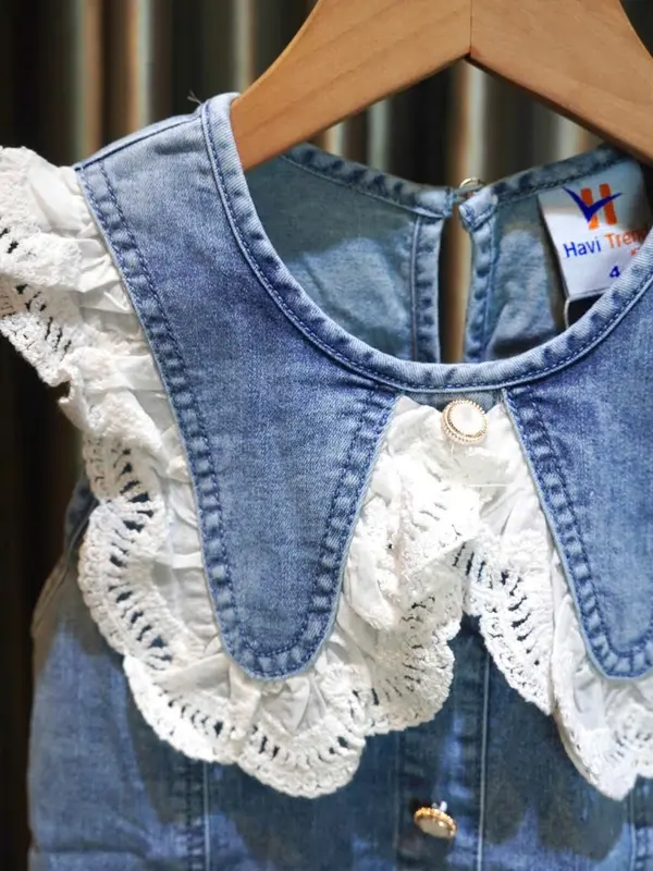 Đầm jean dáng suông babydoll cổ phối ren mềm cho size bé gái và mẹ 3
