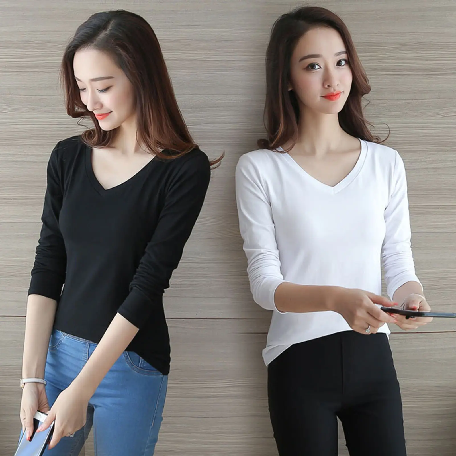 [DR] Women T-Shirt Crew/V Neck Slim Fit Pullover Long Sleeve Stretchy Keep Warm Solid Color Women Autumn Basic Tee Tops Daily Clothing