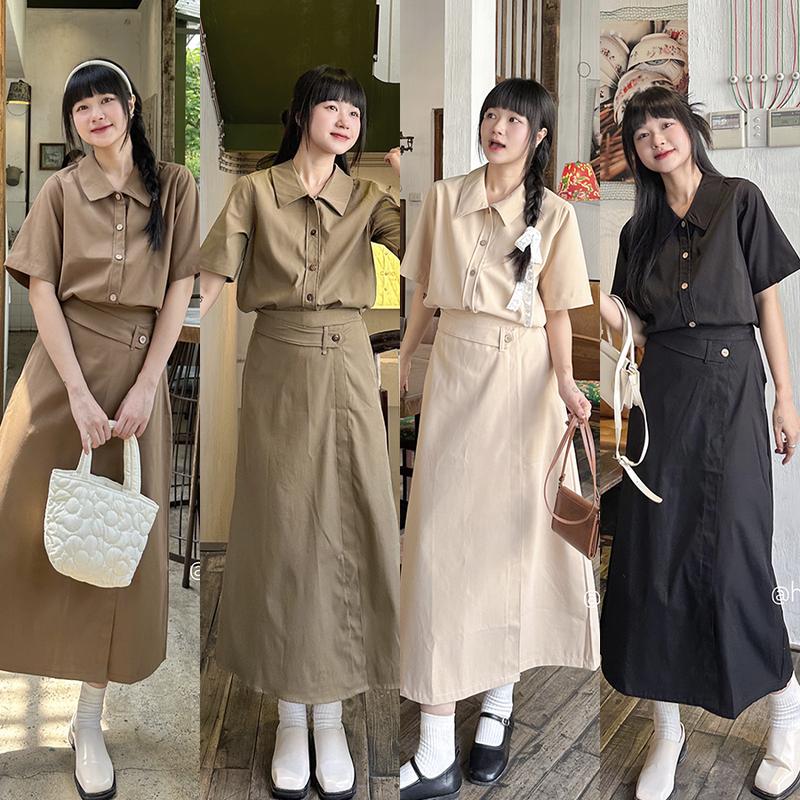 [XẢ KHO NGHỈ BÁN] Set áo sơ mi Nữ thô 2 da kèm chân váy cạp chun xẻ tà HAVANA SAT101