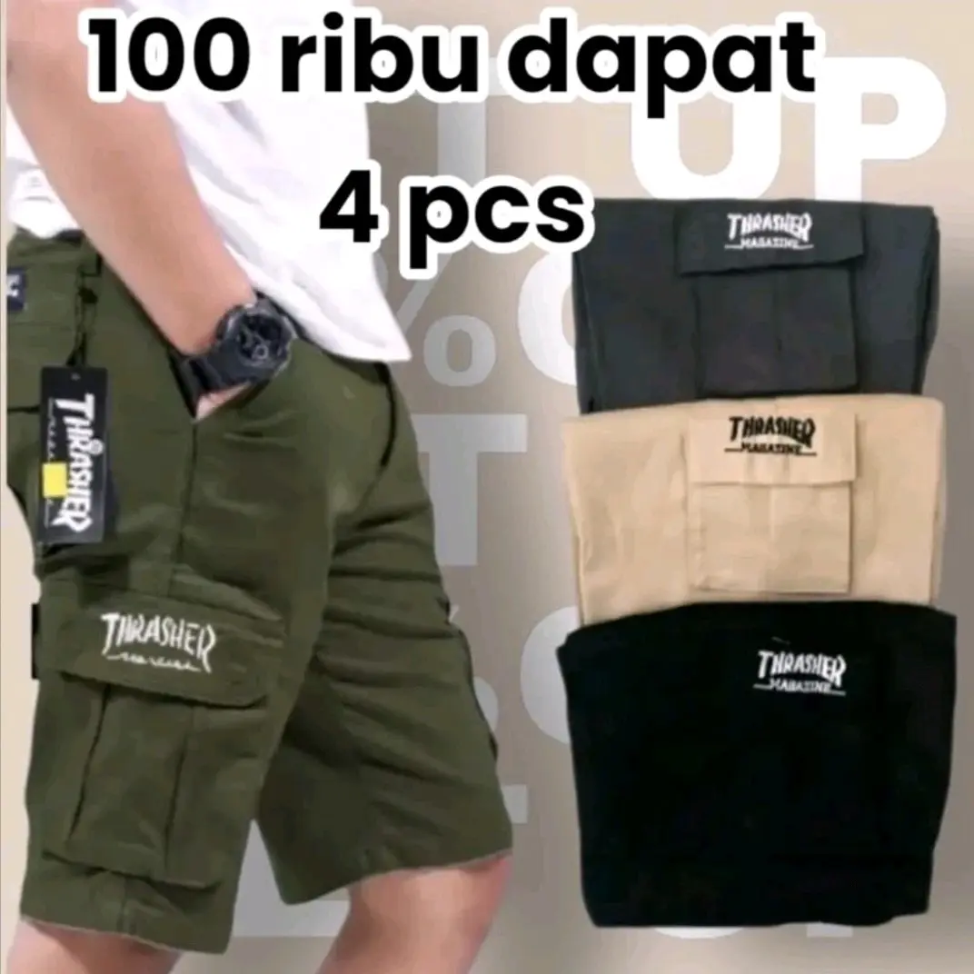 (PAKET HEMAT)  (100 DAPAT 4 ) CELANA CARGO PENDEK PRIA DEWASA  Polos Low Waist Santai
