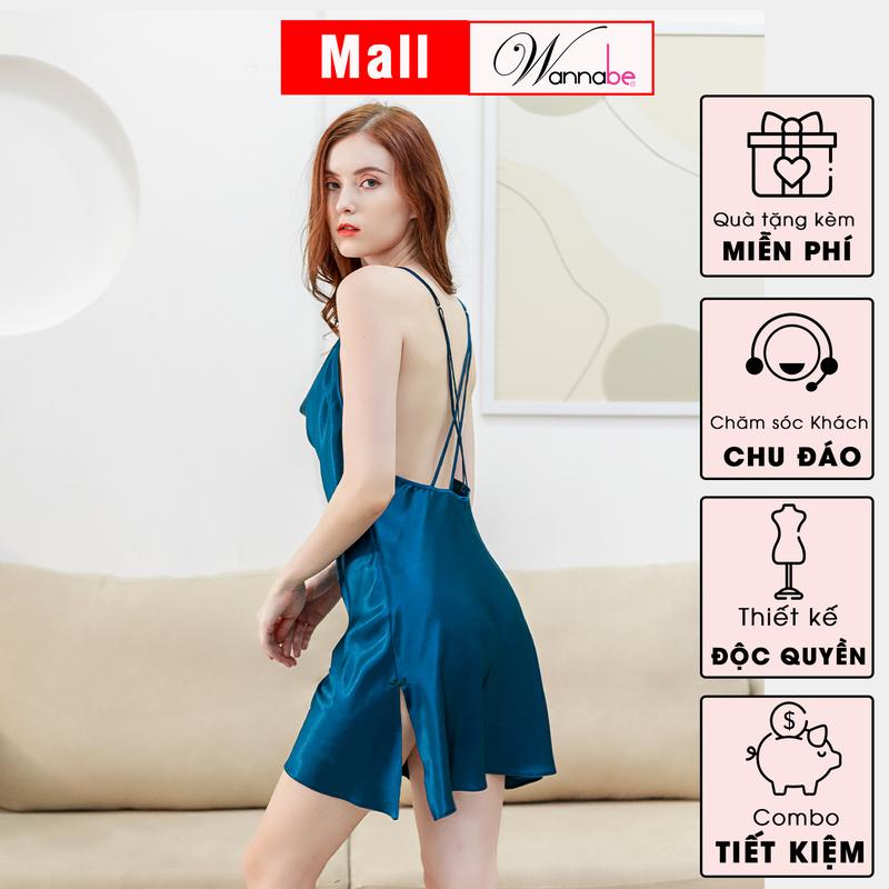 Đầm ngủ WANNABE váy ngủ lụa 2 dây, cổ đổ sang trọng, 4 dây lưng đan chéo quyến rũ ánh nhìn người đối diện Women Nữ Dress Thun Đỏ DNS31