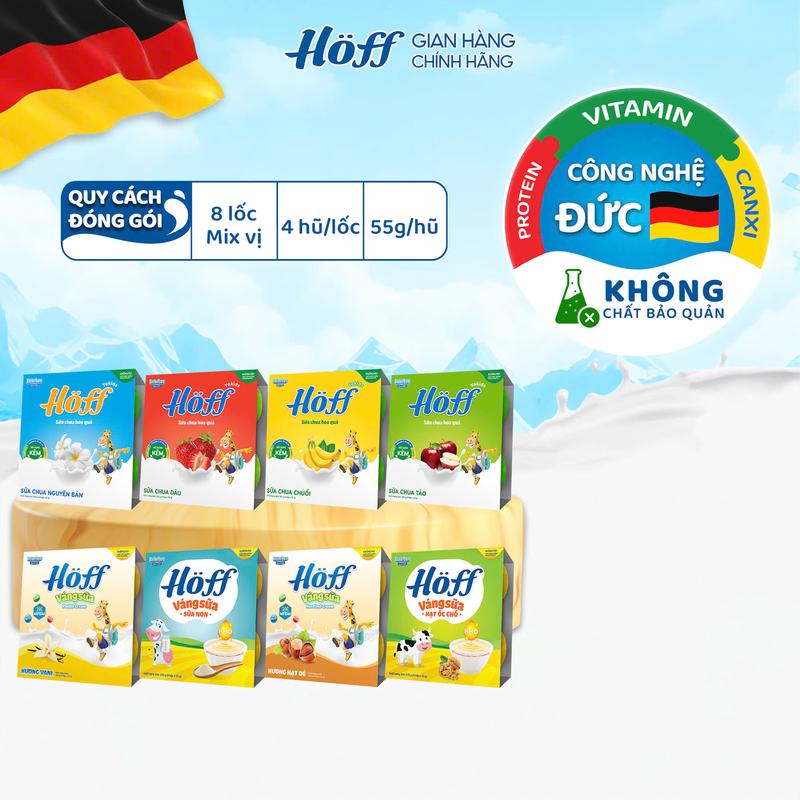 Combo mix SỮA CHUA + VÁNG SỮA Hoff bổ sung: Canxi, Kẽm, HMO, MFGM, vitamin, men vi sinh cho bé hỗ trợ phát triển trí não, chiều cao, hệ miễn dịch 8 LỐC (32 hộp)